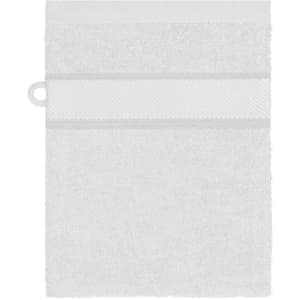 A white hand towel featuring a textured band and a loop for hanging. The towel has a towel loop and is soft and absorbent.