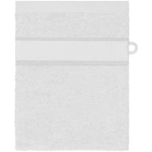 A white hand towel featuring a textured strip and a hanging loop, designed for personal use.