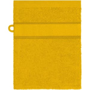 A flannel hand towel in bright yellow, featuring a textured band and a loop for hanging.
