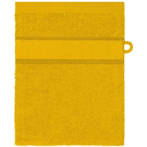 A bright yellow hand towel with a textured stripe and a hanging loop for easy storage. Features a logo.