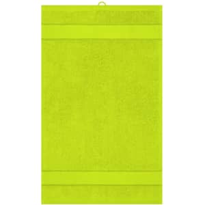 A bright lime green guest towel with a textured surface and hanging loop. The product features a logo.