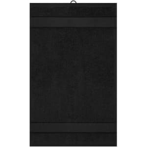 A black guest towel featuring two horizontal stripes and a hanging loop at the top. It has a logo.