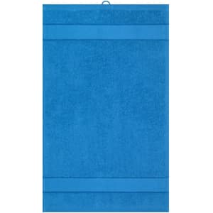 A blue guest towel featuring a textured design and a hanging loop. It has a logo on the corner.