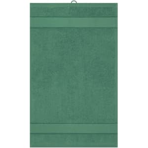 A green guest towel featuring a textured design and hanging loop. The towel has a simple, elegant appearance.