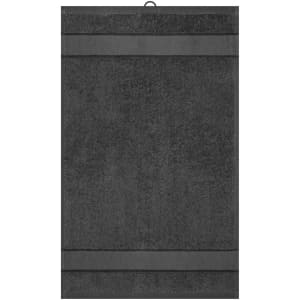 A black guest towel with textured bands at the top and bottom. The towel has a hanging loop for easy storage.