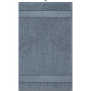 A grey guest towel featuring textured stripes and a hanging loop for easy storage.