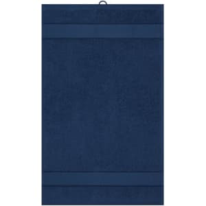 A navy blue guest towel featuring two horizontal stripes and a hanging loop, with a logo displayed.