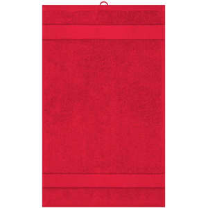 A vibrant red guest towel featuring textured stripes and a hanging loop. It has a logo in the corner.