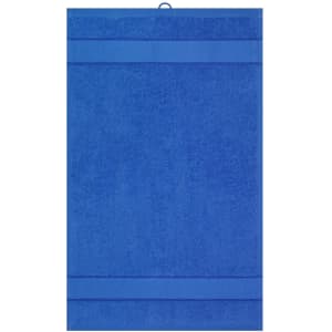 A blue guest towel with a textured design and a hanging loop. It features a logo in the corner.