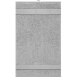 A grey hand towel with a textured design and a hanging loop. It features a simple, modern look.