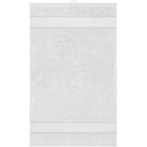 A white guest towel featuring two decorative stripes at the top and bottom, with a hanging loop on top.