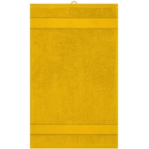 A textured yellow guest towel with two horizontal stripes, featuring a hanging loop at the top.