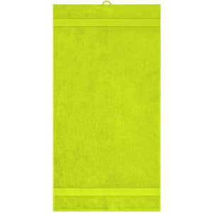 A bright yellow hand towel featuring a loop for hanging and a simple design. It has a branding logo on it.