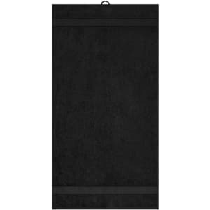 A black hand towel with a soft texture and hanging loop, featuring two horizontal stripes.