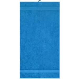 A blue hand towel with two textured stripes and a hanging loop at the top.