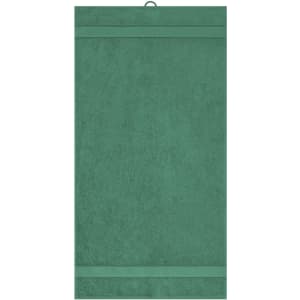 A green hand towel featuring a textured surface and a hanging loop at the top. It includes branding.