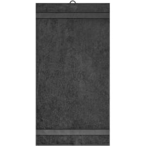 A dark grey hand towel with two horizontal bands at the top and a hanging loop. Features a simple, textured design.