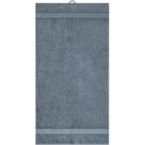 A hand towel in a dark grey colour with two horizontal stripes. The towel features a hanging loop.