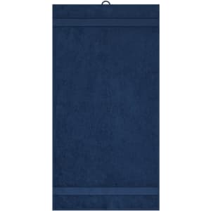 A navy hand towel with a textured finish and a hanging loop at the top. It features subtle tonal stripes.