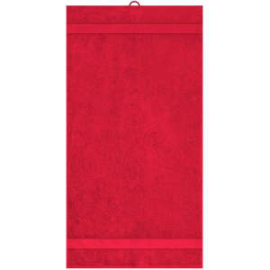 A red hand towel featuring a simple design and a hanging loop. It has a logo at one end.