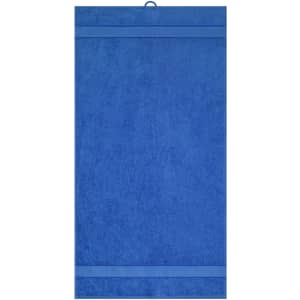 A blue hand towel featuring a textured design and a hanging loop. It includes a branding logo.
