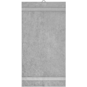 A grey hand towel with a textured surface and two horizontal stripes. It features a hanging loop.