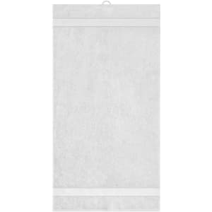 A white hand towel featuring a simple design and a hanging loop. It has a soft, textured fabric.