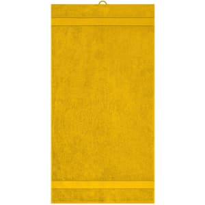 A yellow hand towel with a textured surface and a hanging loop at the top. It features a simple, solid design.