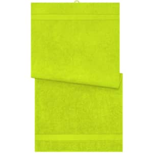 A bright yellow bath towel displayed in a folded position, featuring a hanging loop and a striped design.