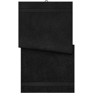 A black bath towel with two horizontal stripes at the top, featuring a simple design and a hanging loop.