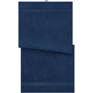 A set of two navy blue bath towels, featuring a simple design and a subtle band pattern.