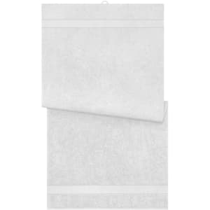 A white bath towel featuring a textured design, neatly folded with a subtle border detail.