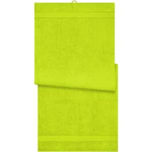 A bright yellow sauna sheet displayed flat with a hanging loop at the top. The product is soft and textured.