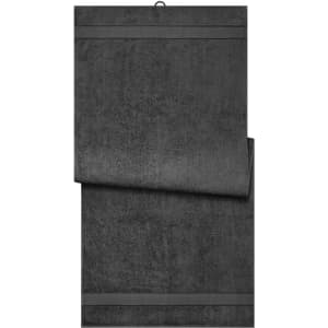 A dark grey sauna sheet with a textured surface, featuring two horizontal bands. It has a logo on one side.