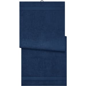 A navy blue sauna sheet with a textured surface, featuring a hanging loop and two horizontal stripes.