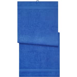 A blue towel, folded and hanging, featuring a simple design. The towel has a smooth texture and a clean finish.