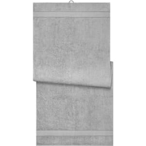 A grey sauna sheet with a smooth texture, featuring a two-line design at the edges and a hanging loop.