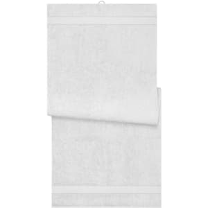 A white sauna sheet with a textured surface, featuring a hanging loop and two horizontal stripes at the top.