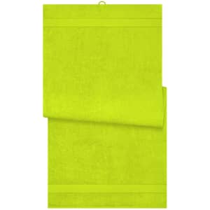 A bright lime green bath sheet featuring a smooth texture and a hanging loop. It has a simple, branded design.