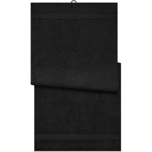 A black bath sheet featuring a simple design with two horizontal stripes and a hanging loop.