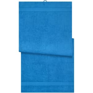 A blue bath sheet featuring a textured design and a hanging loop at the top. It has a logo on it.