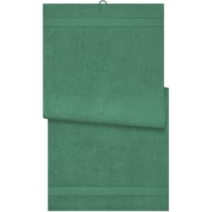 A green bath sheet displayed flat with a hanging loop, featuring two striped accents along the edges.