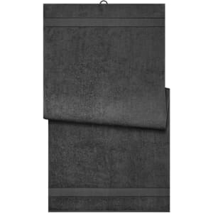 A dark grey bath sheet with a soft texture and two decorative stripes. Features a hanging loop and a logo.
