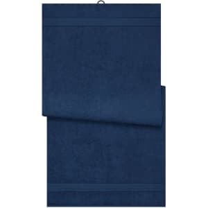 A navy bath sheet with a soft texture, featuring a subtle stripe design and a hang loop.