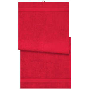 A red bath sheet with a textured design, featuring a hanging loop. It's categorised under health and personal bath towels.