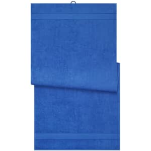 A blue bath sheet made of plush material, featuring a simple design with a branding logo.
