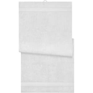 A white bath sheet displayed flat with a folded edge, featuring a subtle striped pattern and a hanging loop.
