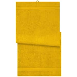 A vibrant yellow bath sheet featuring a textured design and a hanging loop for convenience.