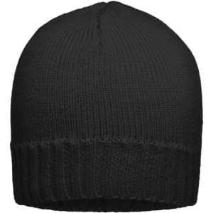 A black ribbed beanie with a folded brim, featuring a textured knit design.