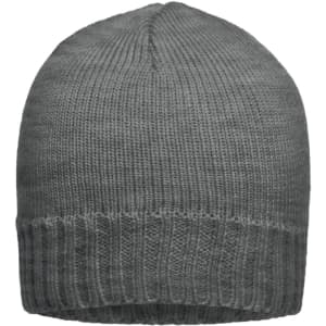 A grey ribbed beanie with a folded brim, featuring a subtle texture. It has a logo on the side.